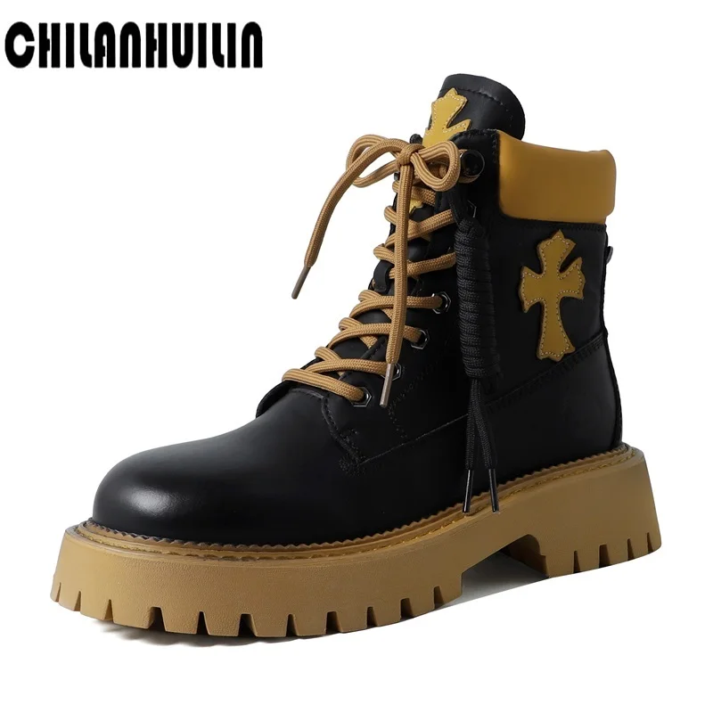 

Женские ботильоны из натуральной кожи, на танкетке, со шнуровкой