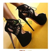 new fashion black suede peep toe high heel sandal cutouts lace up gladiator sandal summer 16 cm high heel shoes