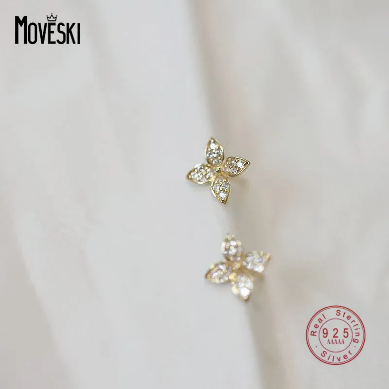 

MOVESKI 925 Sterling Silver Plated 14K Gold Pavé Zircon Flower Stud Earrings Women Romantic Birthday Party Jewelry Gift