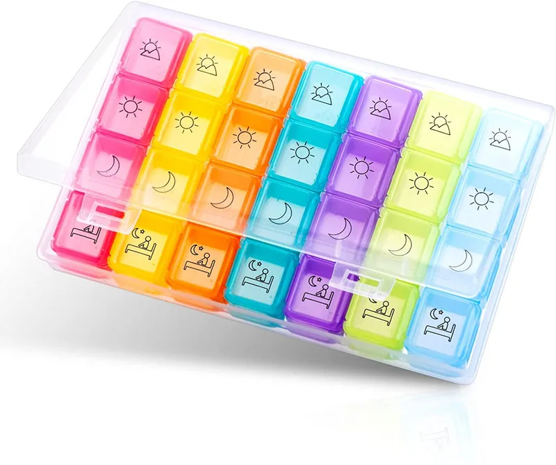 

Контейнер Радужный для лекарств, 28 отделений, контейнер для лекарств, 7 дней в неделю, контейнер для таблеток, контейнер для хранения лекарств