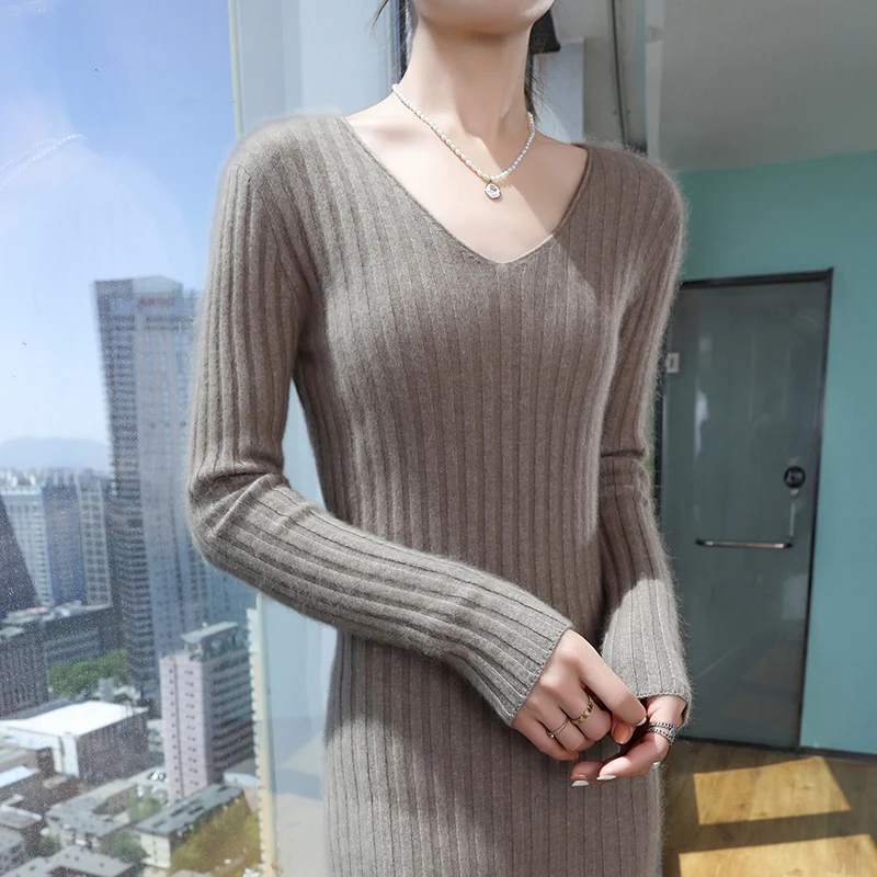 Новинка Осень-Зима 100% Норковое кашемировое женское вязаное платье с V-образным