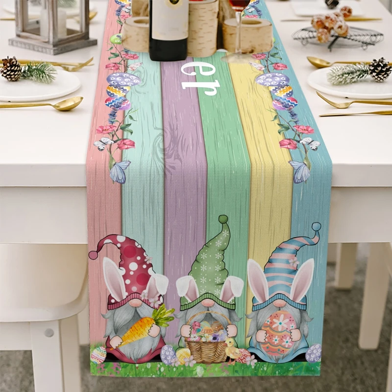 

Happy Easter Table Runner 13 x 70 Inch Bunny Gnomes Easter Eggs Table Cloth for Spring Party Holiday Kitchen Dining Home Decor