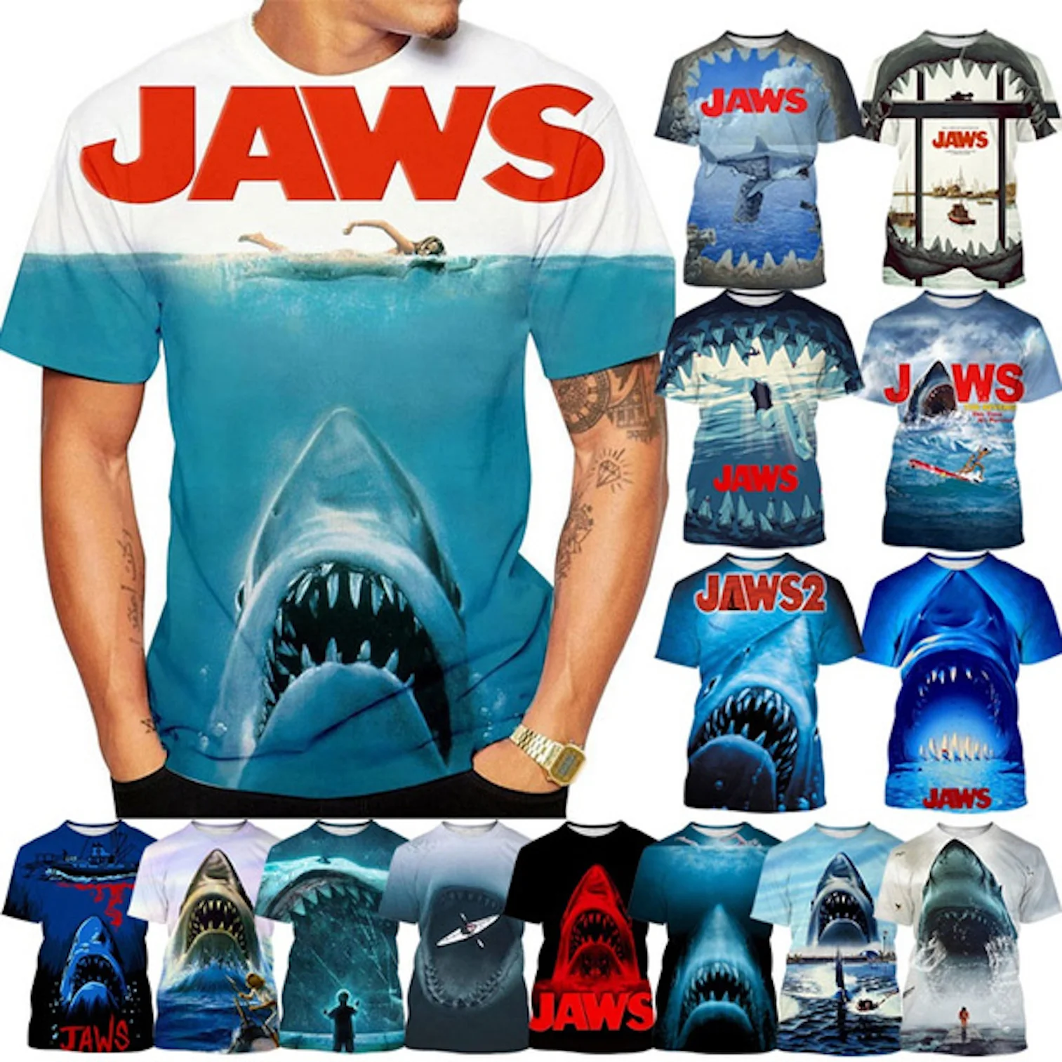 

Newest Fashion 3D Printing Horror Movie Jaws T shirt Summer Hipster Comics Funny Shark Short Sleeve Harajuku Casual Tops