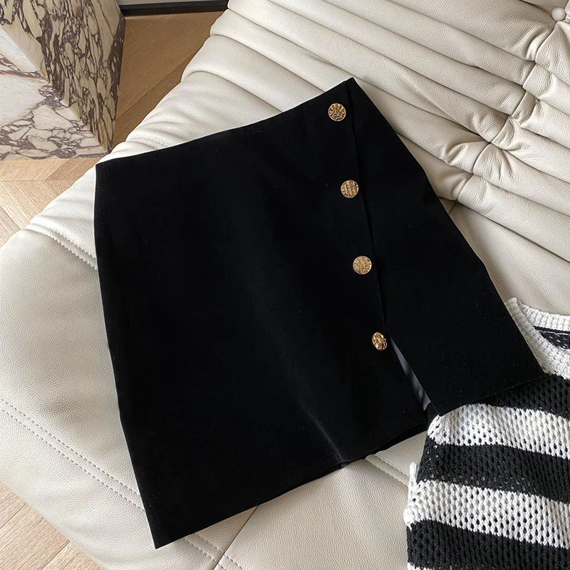 

22 AW Fashion Women Skirt Black Velvet Metal Button High Waist Split Pencil Skirts A-line Slim Sexy Vintage Elegant Mini Skirts