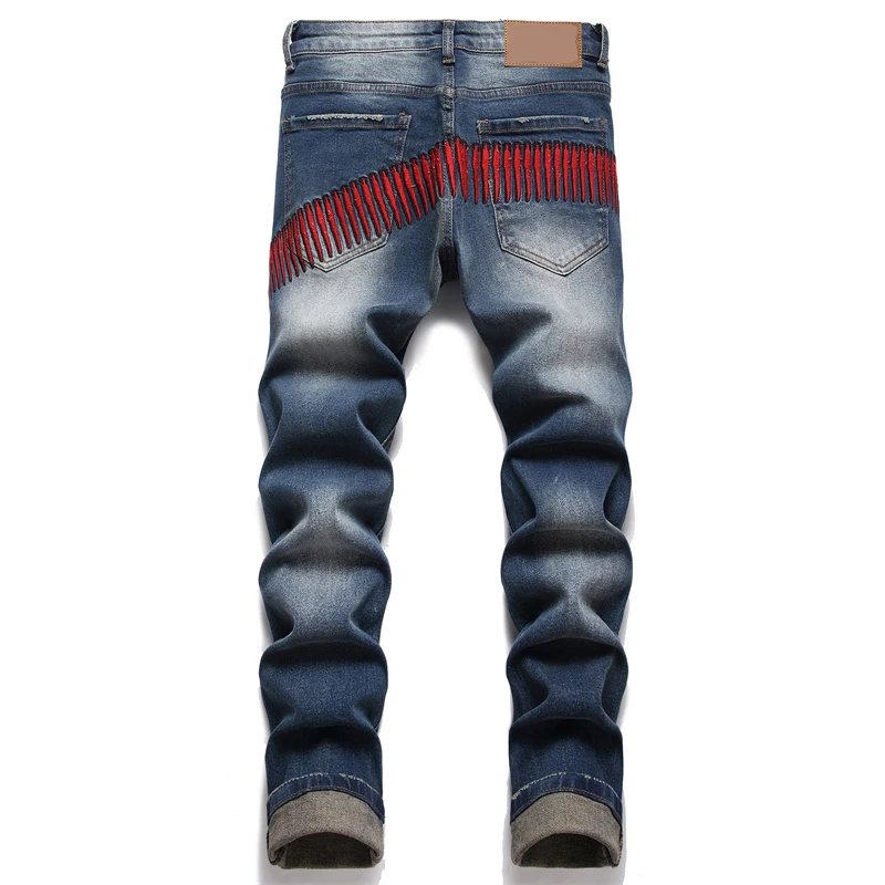

Men Jeans Red Simple Design Man Motorcycle Streetwear Ripped Denim Pants Trend Brand Trousers For Men Casual Biker Destroyed