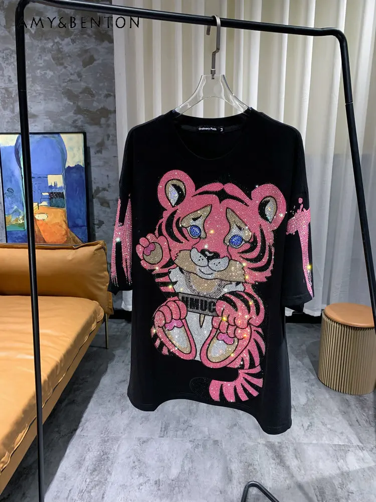 Summer Fashion Brand T-shirt for Women Hot Drilling Heavy Industry Pink Little Cartoon Casual Style Black T-shirt Top Ladies