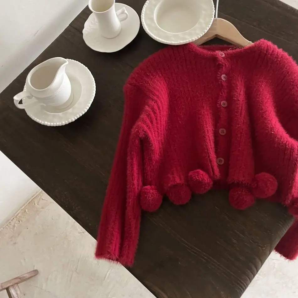 

Autumn Winter New Children Single breasted Christmas Soft Sweater Baby Girls Cute Red Ball single-breasted Knit Cardigan Coat