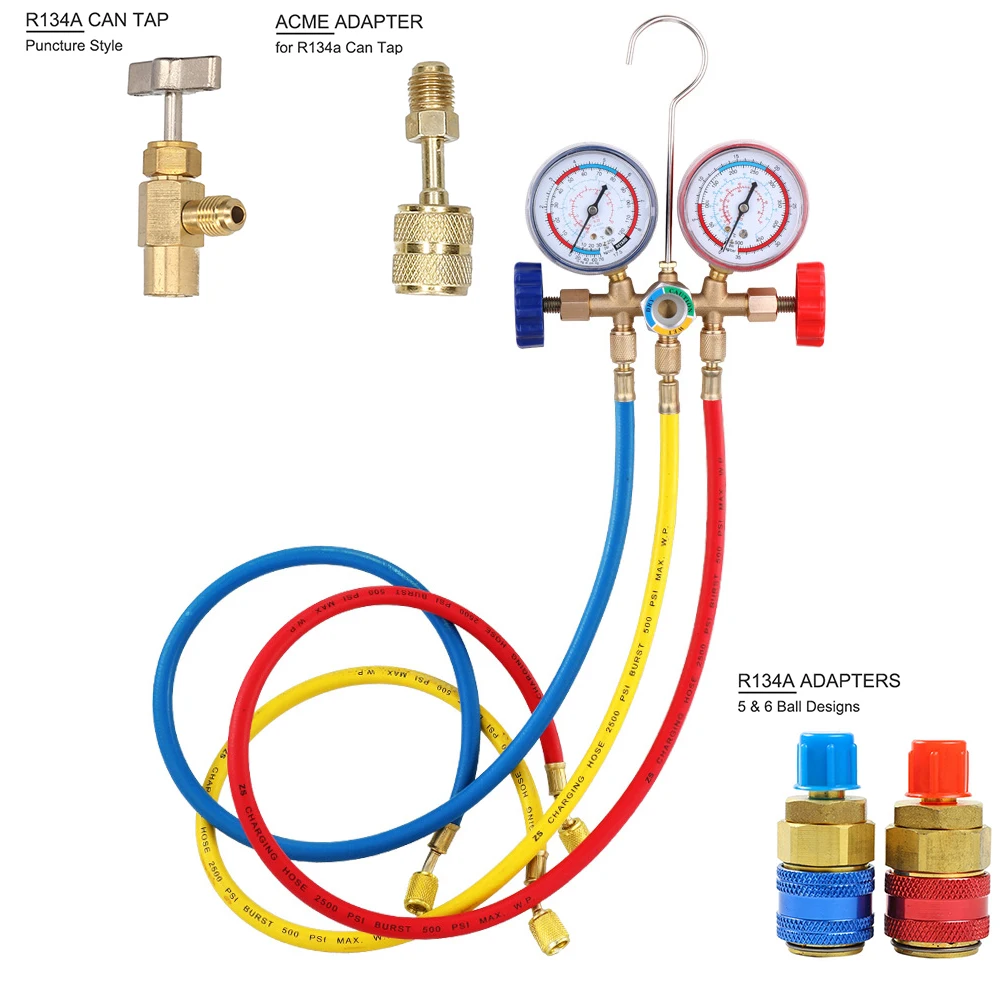 Refrigerant Manifold Gauge Set Air Conditioning Tools with Hose and Hook for R12 R22 R404A R134A