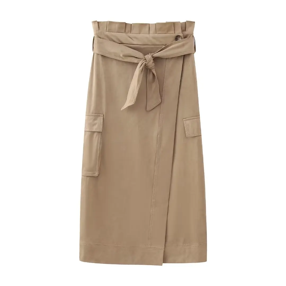 

Women New Chic Fashion With belt Suede texture effect Paper bag type Midi Skirt Vintage High Waist Pockets Female Skirts Mujer