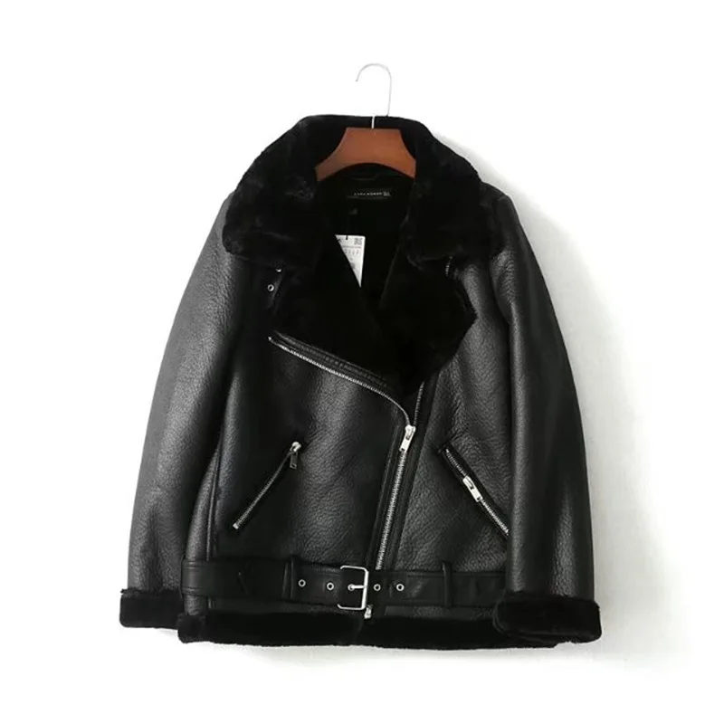 Fur Locomotive Retro with Belt Riding Winter Women's Jacket Long-Sleeved Lapel Padded Warm Black Zip Chic Female Coat Tops