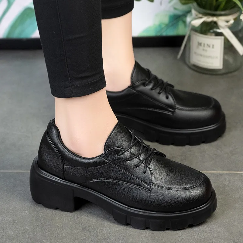 

Туфли-оксфорды женские на платформе, кожаные, высокий толстый каблук, туфли-лодочки, Ретро стиль, маленькие, черные