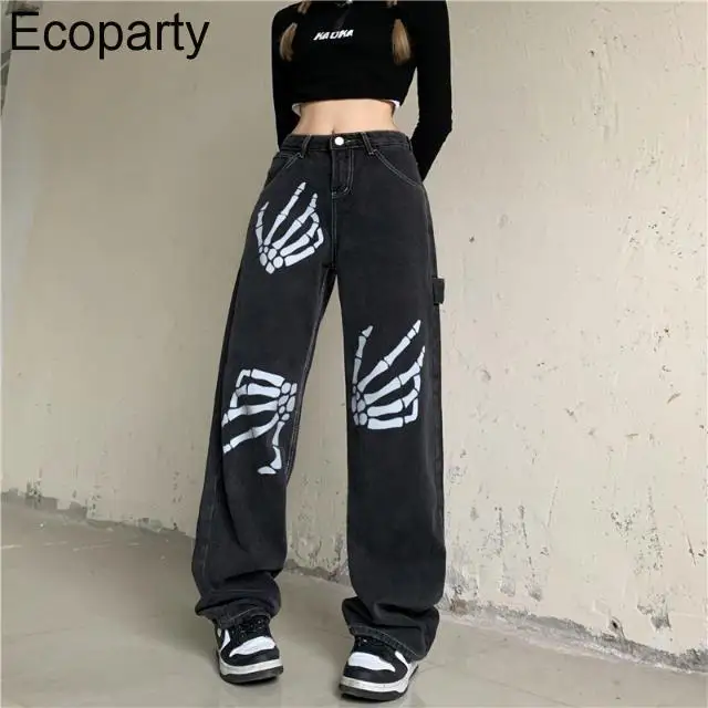 

2022 Women Punk Harajuku Skull Bone Grey Fashion Jeans Women Loose Straight-leg Pants Retro Street Women's Pants Denim Joggers40