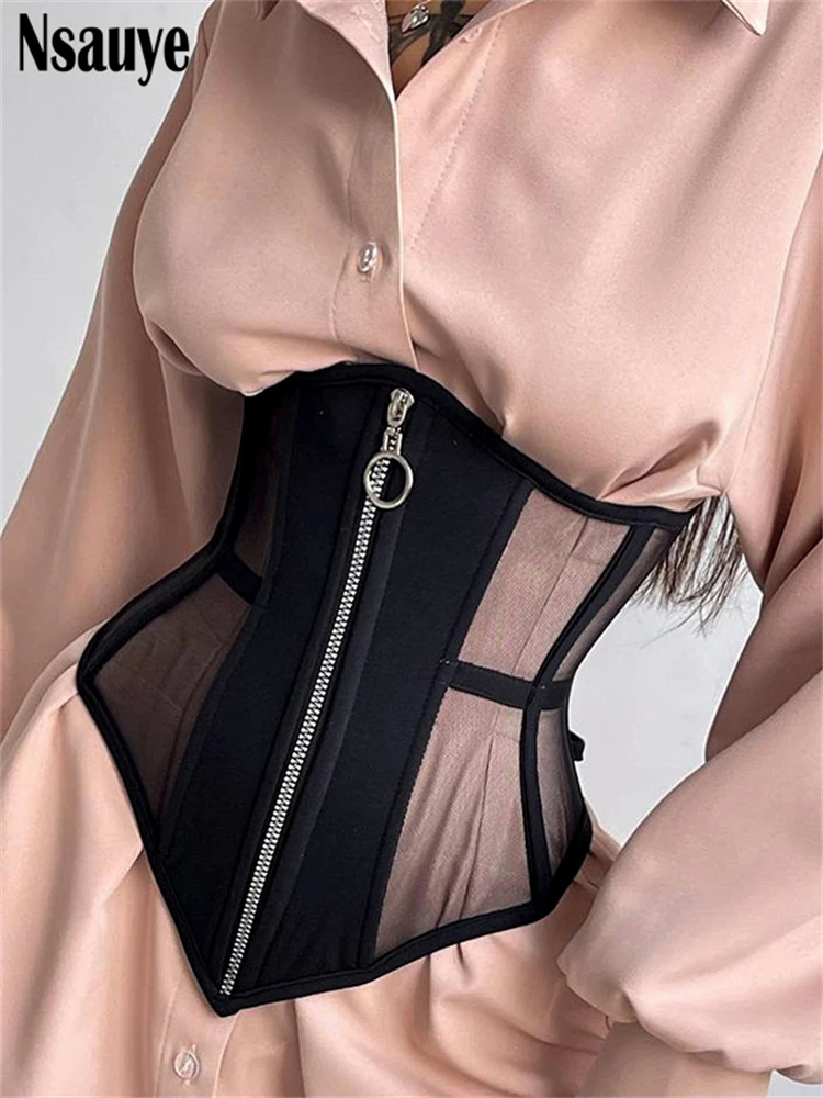

Nsauye Sexy Zipper Corset Mesh Tank Tops Women Club Y2K Clothes 2023 Bandage Fashion Black Bustier Crop Top Streetwear Female