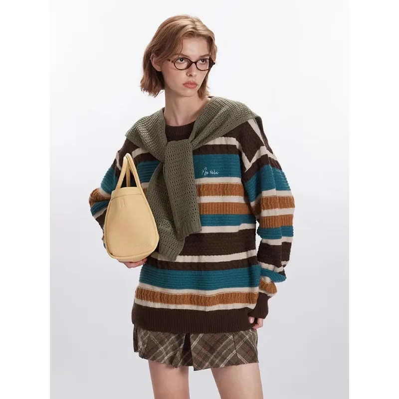 Nariele 2024 осенне-зимний винтажный радужный свитер женский топ полосатый вязаный