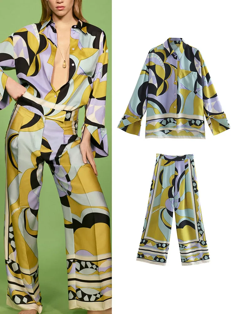

2022 New Spring Women 2 PCS Pants Shirts Sets Fashion Print Blouse Casual Long Sleeve Pockets Tops Female Soft Pants Outwear