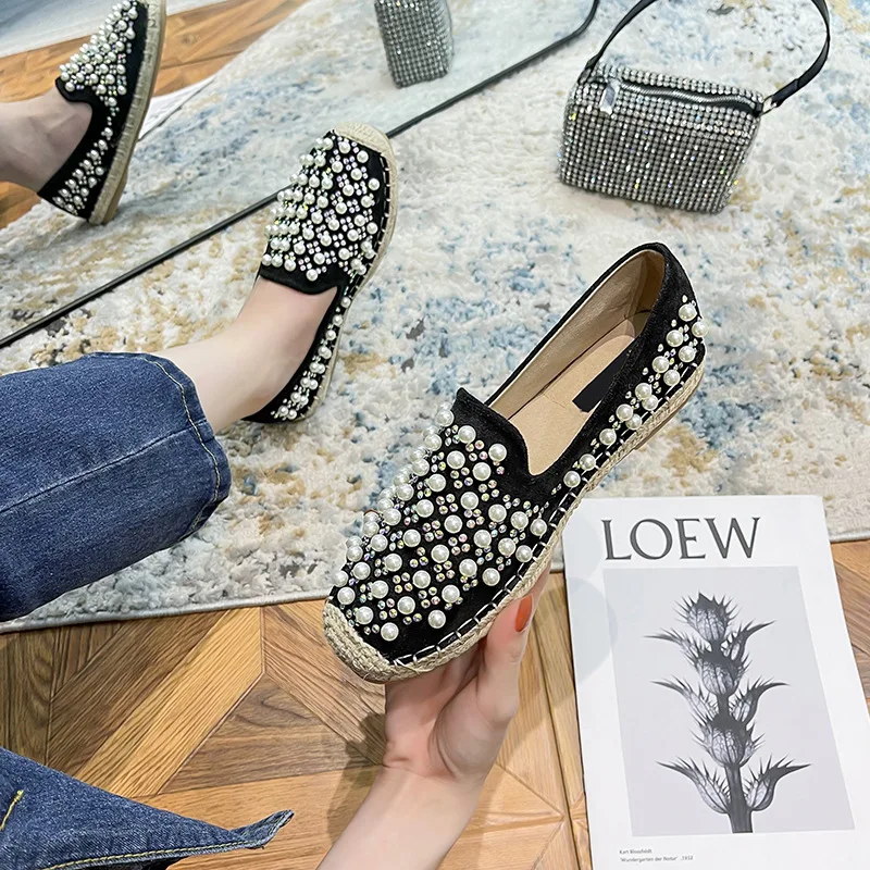 Women Oxford Straw Fisherman Shoes Ladies Flats Loafers Feminino Pearl Beaded Diamonds Espadrilles
