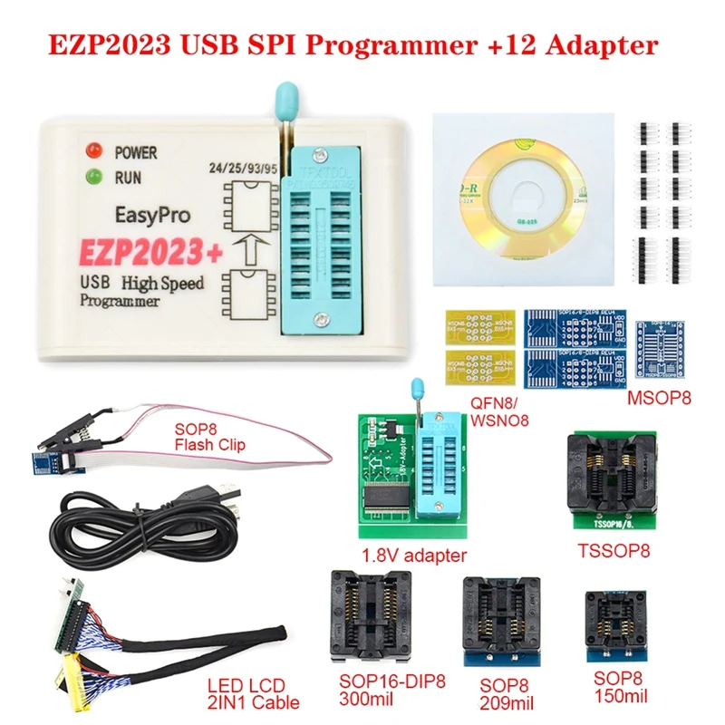 

AU05 -EZP2023+ High-Speed SPI FLASH Programmer Full Set+12 Adapters Support 24/25/93/95 EEPROM Bios 25T80 Burning Offline Copy