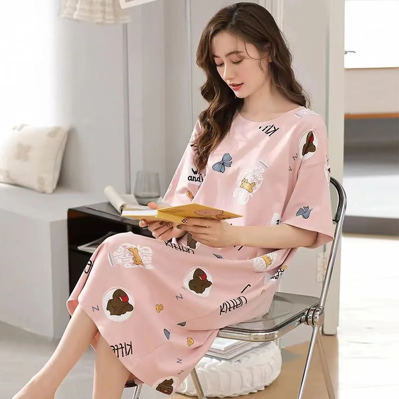 New summer women's pajamas cute short-sleeved nightdress cartoon large size summer dress home service can be worn outside
