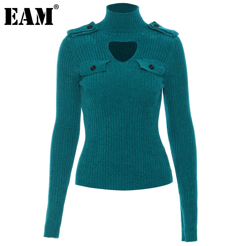 

[EAM] синий вязаный свитер с вырезом, водолазка с длинным рукавом, женские пуловеры, новая мода, Осень-зима 2022, 1DE6068