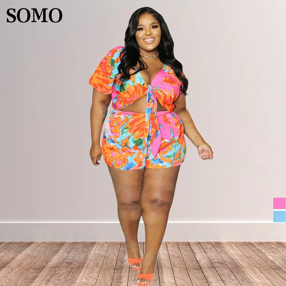 

Sexy Women Summer V Neck Lace Up Top Short Pants Digital Printed Plus Size L To 4XL Two Piece Set Wholesale Dropshipping