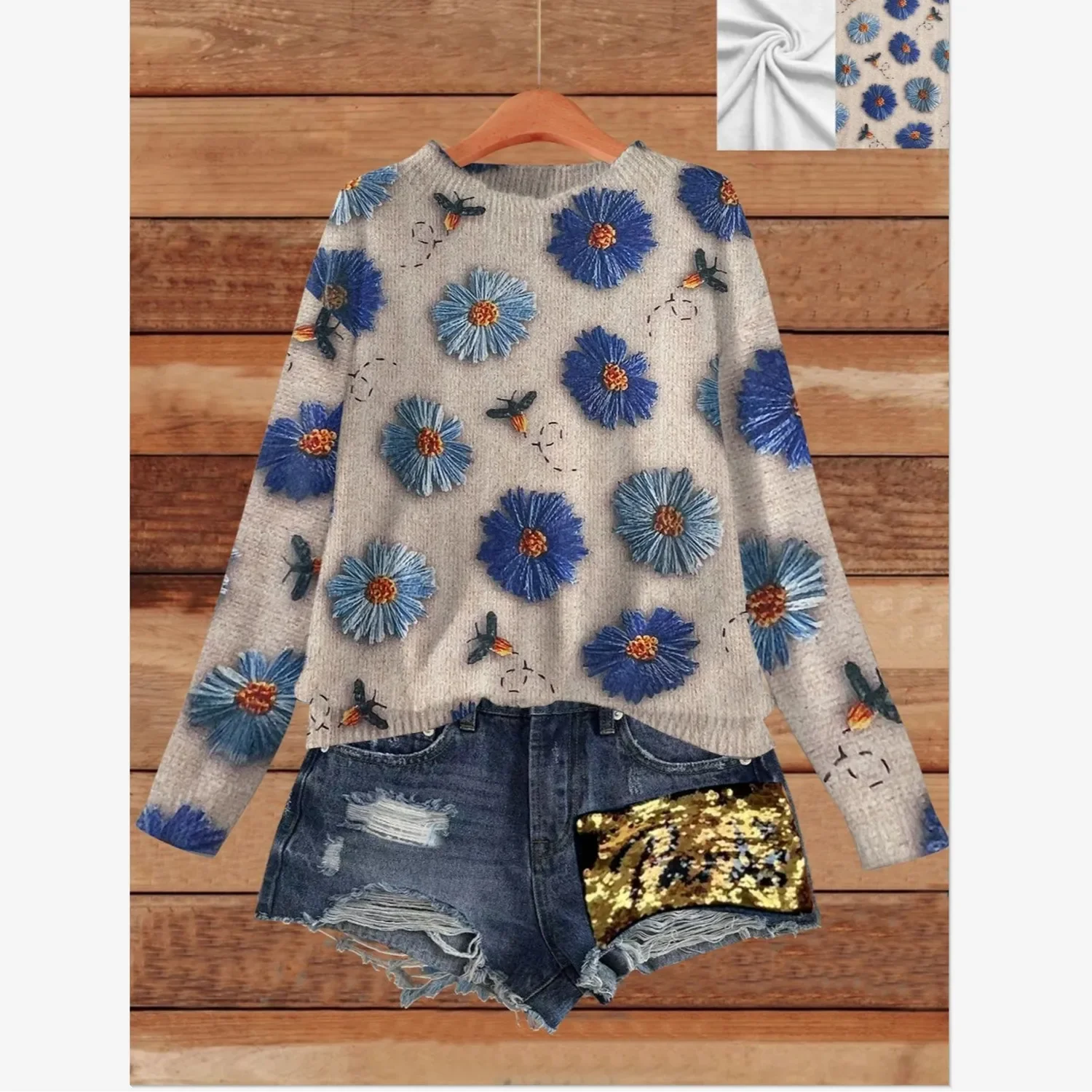 Новый осенне-зимний свитер женский винтажный с цветочным принтом милый вязаный