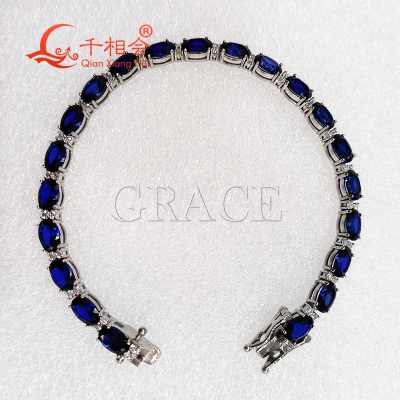 4*6mm oval shape  artifical blue color sapphire Tennis Bracelet S925 Silver white Moissanite Bracelet chain fine jewelry