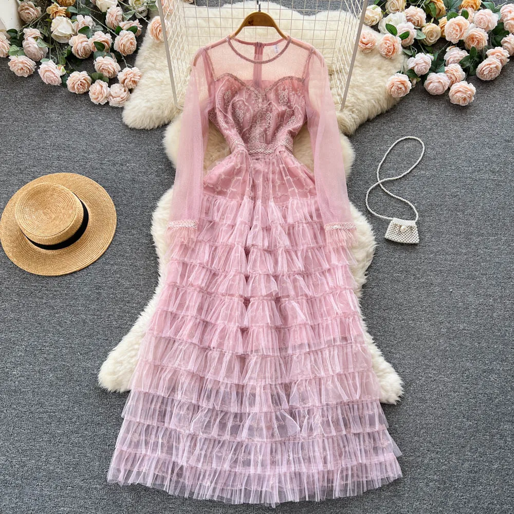 

Autumn Mesh Patchwork Maxi Dresses for Women Cascading Ruffled Long Sleeve Female Vestidos Pink Draped Tarf Vacation New In 2022