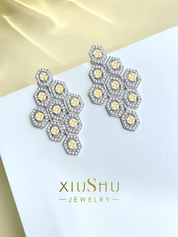 

Fashionable geometric pure silver artificial yellow diamond earrings inlaid with high carbon diamonds for a premium feel