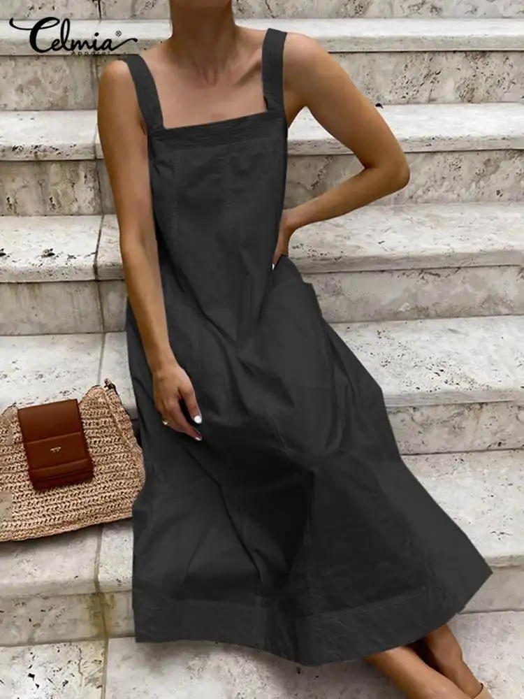 

Celmia Women Solid Robe Straps Fashion Backless Streetwear Long Dress Topstitching Pockets Sleeveless Casual Loose Midi Vestidos