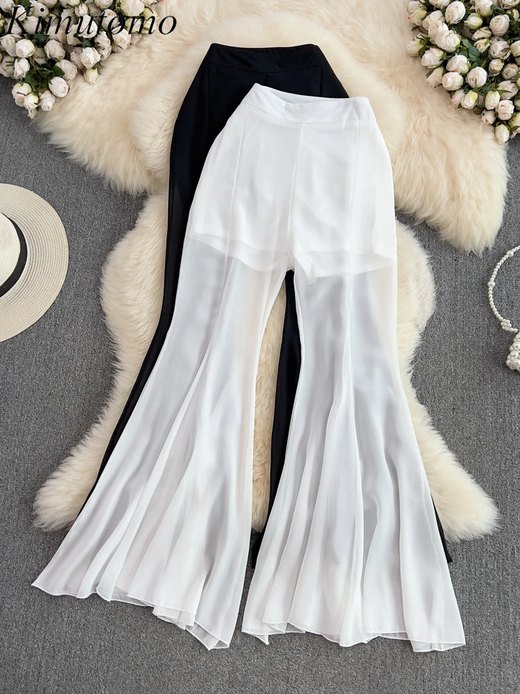 

Элегантные шифоновые расклешенные брюки Kimutomo, женские мягкие плиссированные повседневные Универсальные Длинные брюки с высокой талией дл...