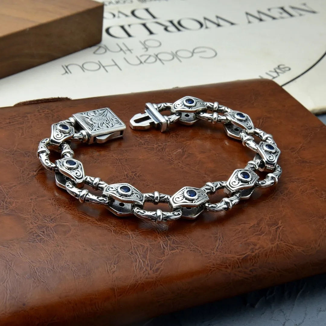 

Sterling Silver Couple Ring Buckle Bracelet Made of Old S925 Punk Style Tangcao Bracelet Stupid and Handsome Handicraft Jewelry