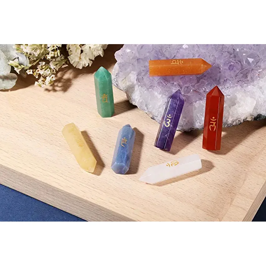 XSM 7 Chakra Symbol Crystal Stone Set Natural Hexagonal Prism Reiki Healing Crystal Stone for Yoga Meditation Balancing Set of 7