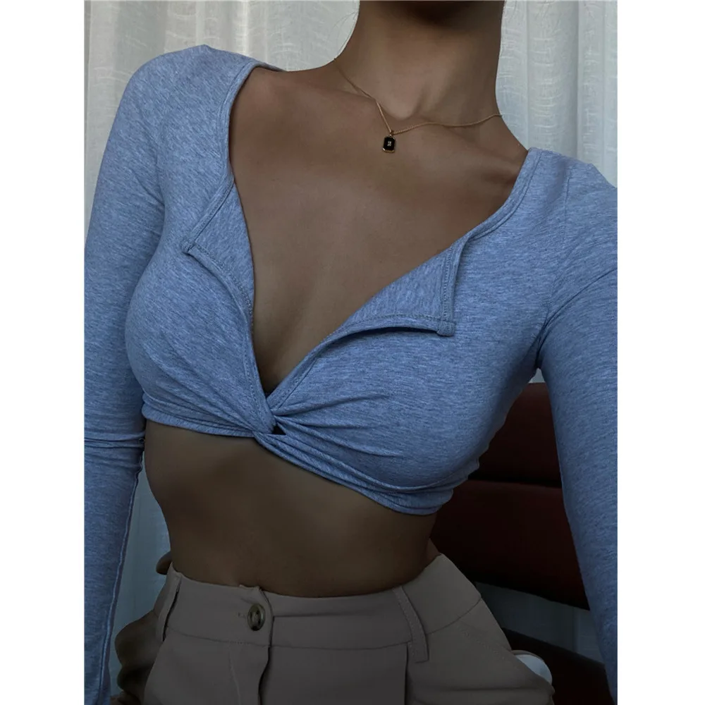 VanessaLab Новая Серая 90Sv воротник с длинными рукавами короткая футболка для женщин