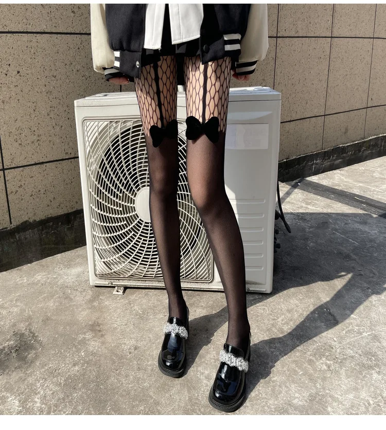 Cute Bow Lace Top Thigh High Stockings Elastic Women Hollow Out Fishnet Over Knee Bowknot Anime Cosplay Hosiery Sexy Lingerie