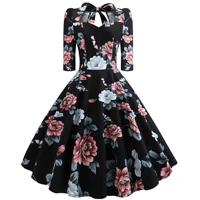 new retro a line dress for large hem fashion party dress women long sleeve printed bow waist controlled dresses