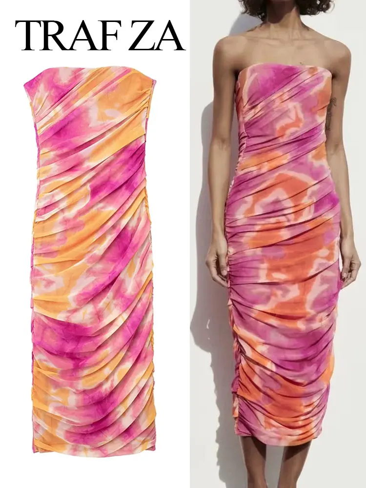 

TRAFZA Women Tie Dye Sheath Dress Ruched Tulle Sexy Strapless Draped Side Zipper Slim Midi Dresses Female Chic Evening Dress