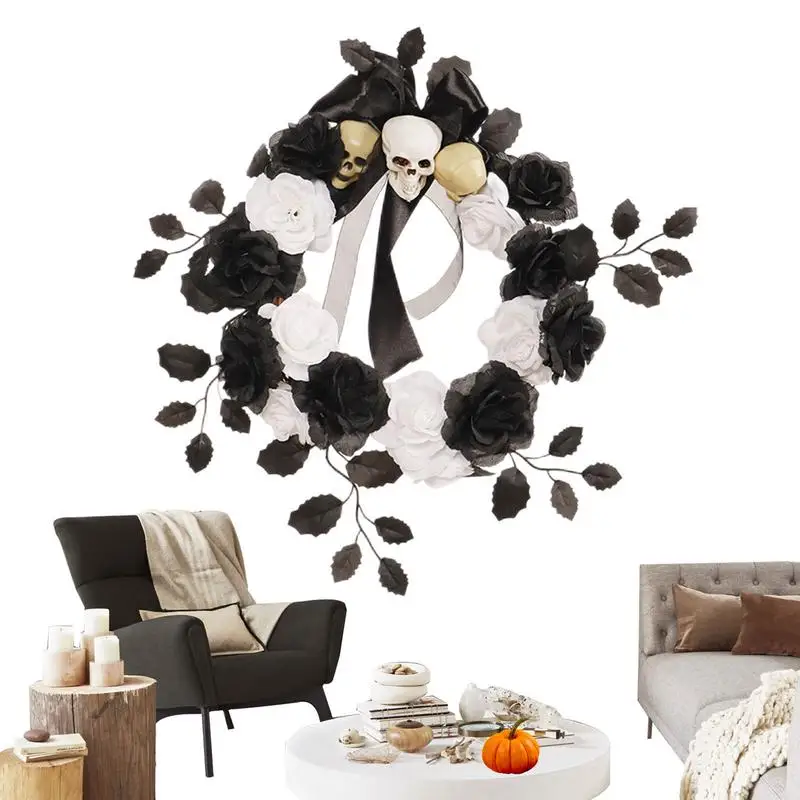 

Дверной венок на Хэллоуин, украшение для входной двери с искусственными розовыми венками и искусственным черепом на Хэллоуин, украшение для входной двери