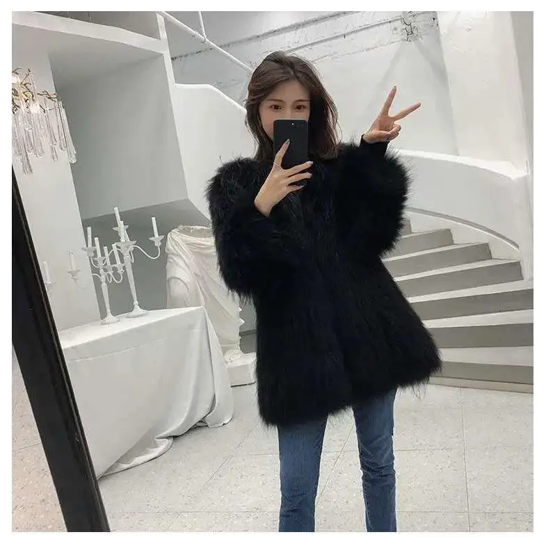Women's Leather Fur Coat Autumn and Winter Imitation Raccoon Fur Woven Long Fur Coat Women's Mid-Length Faux Fur Coat
