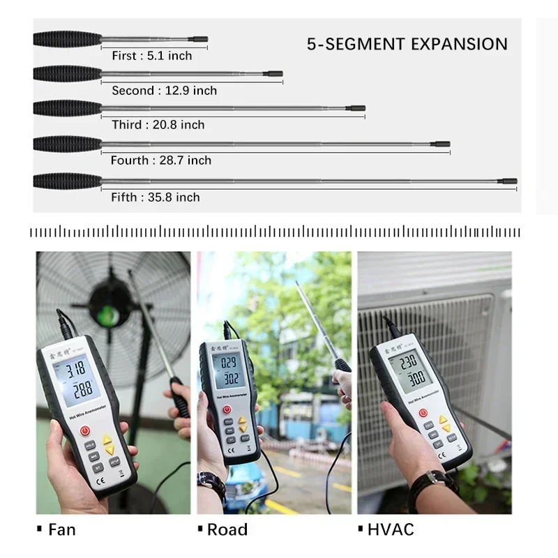 Фото HTI HT-9829 Высокочувствительный цифровой портативный измеритель скорости ветра с горячей проволокой, термоанемометр, измерительные приборы Anemometro №3