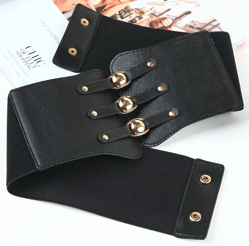 

Punk Pu Leather Elastic Wide Belts for Women Sexy Club Corset Metal Buckle Slim Fits Bustier Body Waistband High Waist Belts