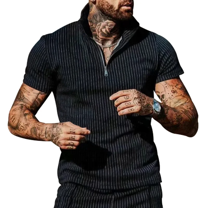 

Летняя новая Повседневная модная рубашка поло на молнии полосатая Мужская футболка с коротким рукавом трендовая рубашка поло топ