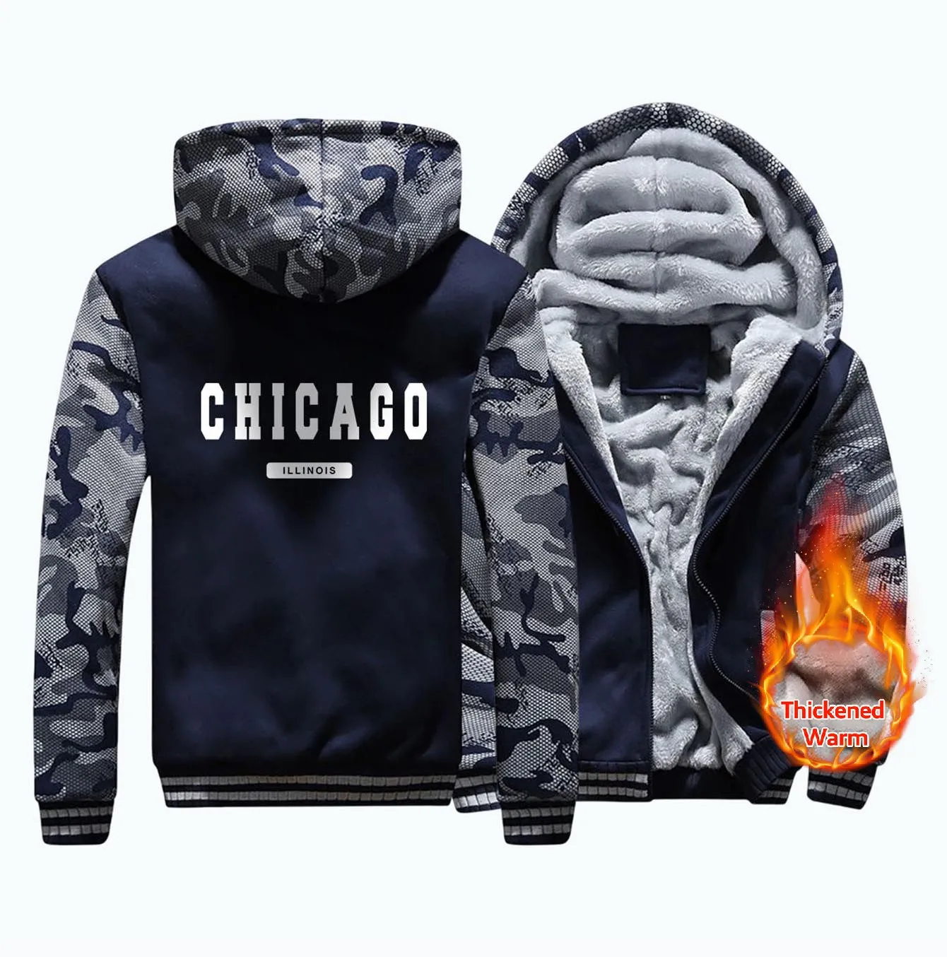 Chicago Illinois Letter Print Hoodie Man Thickened Zipper Casual Big Size Hooded Warm fur-liner Simple M-XXXXXL Tops