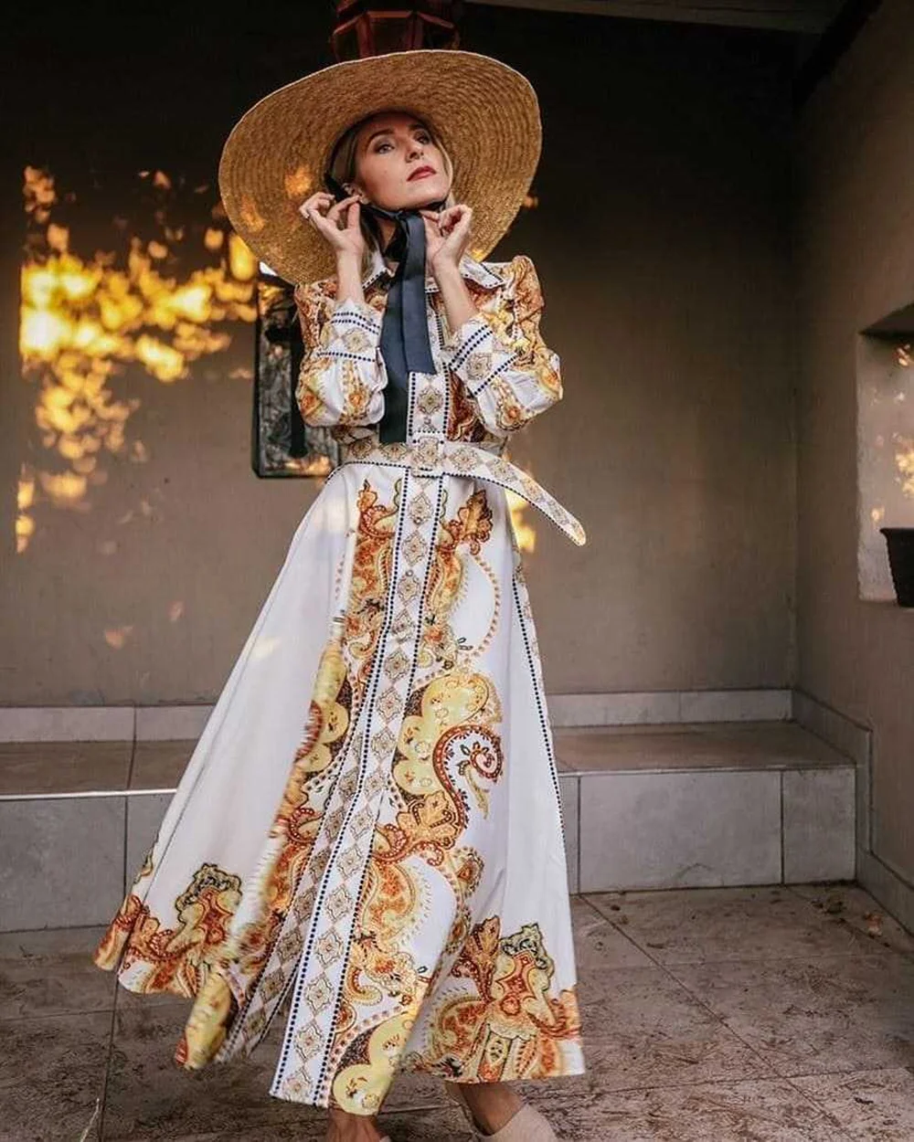 Muslim Fashion Printed Abaya Dress Female Caftan Long Sleeve Kaftan Moroccan Dubai Gown Arabian Jalabiya for Women