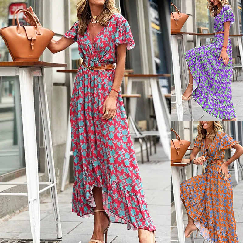 

Women's 2022 Summer New Sexy V-Neck Short Sleeve Large Swing Printed Dress