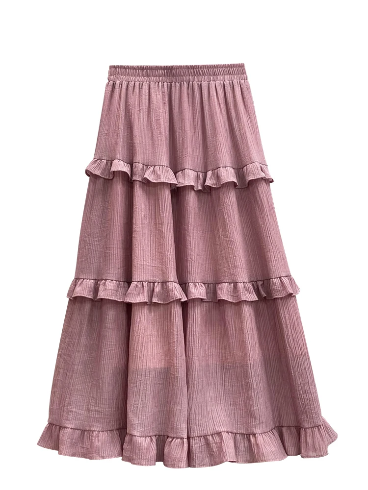 

Korean Fashion A-line Pleated Skirt Woman Loose Ruffles Elastic High Waist Solid Color Midi Skirts Women Clothing Dropshipping