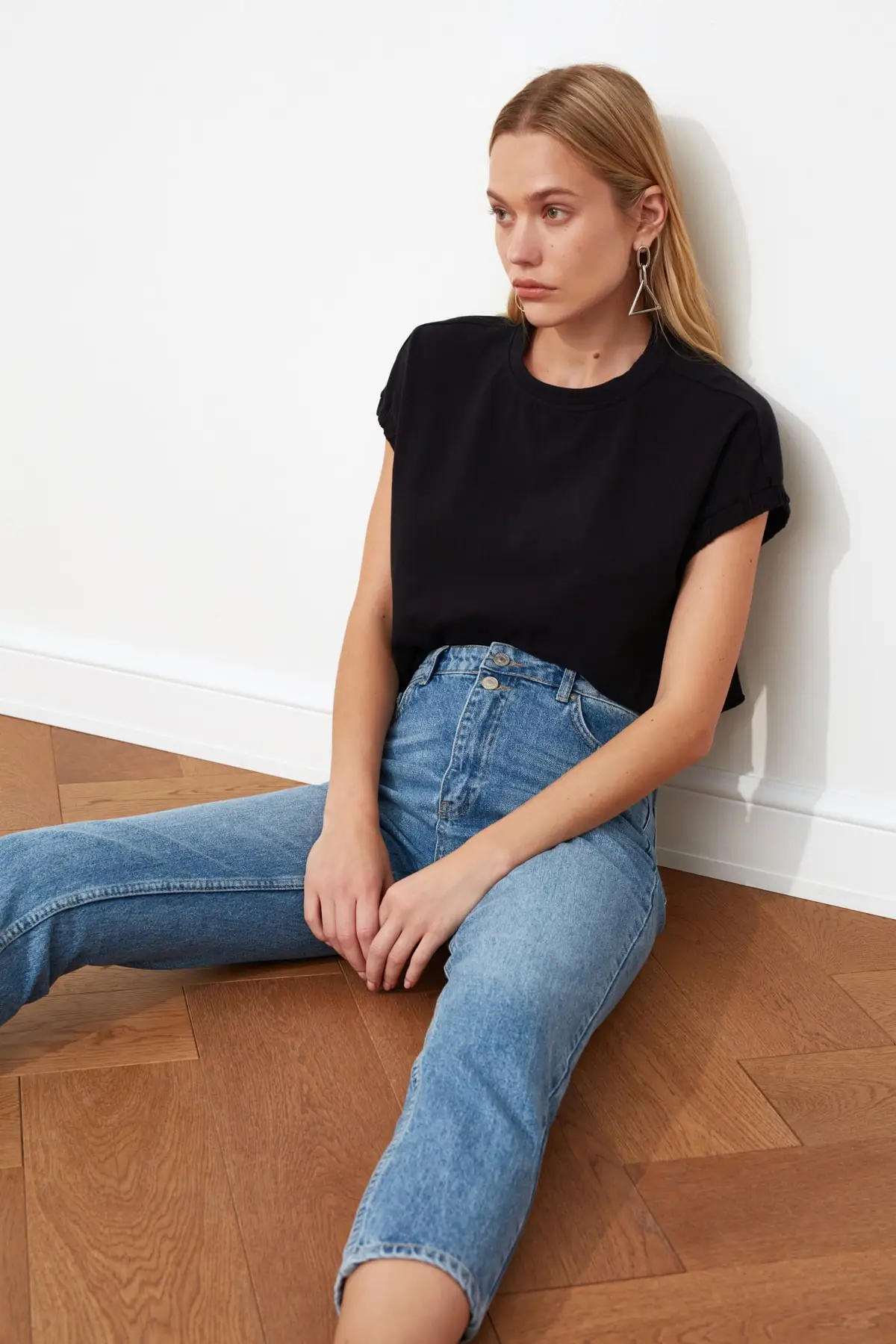 Blue Double-Button High WAIST Mom Jeans women casual denim pants elegant denim pants ladies Blue