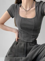 houzhou casaul square collar basic t shirt crop top women vintage fishbone chic elegant slim short sleeve t shirts streetwear