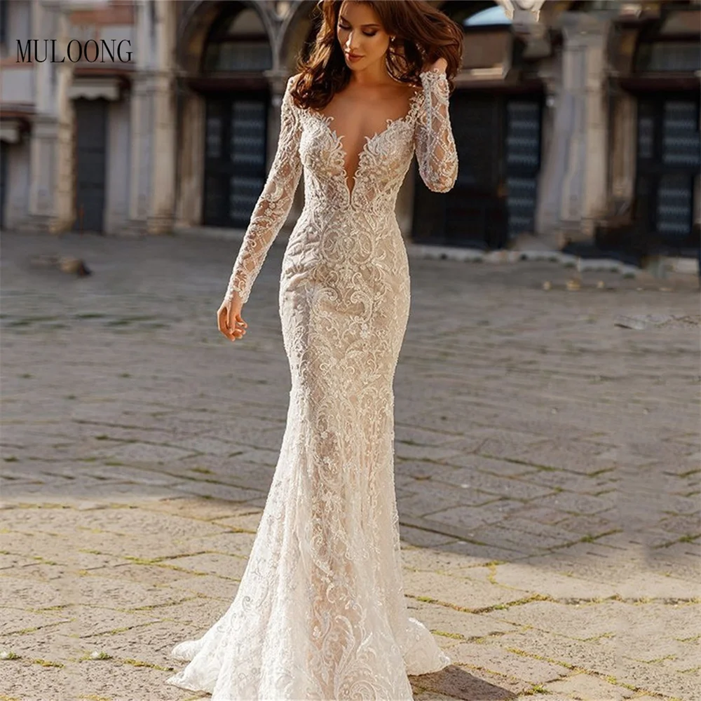 

Женское свадебное платье с юбкой годе MULOONG, элегантное кружевное платье до пола с V-образным вырезом, длинными рукавами и открытой спиной
