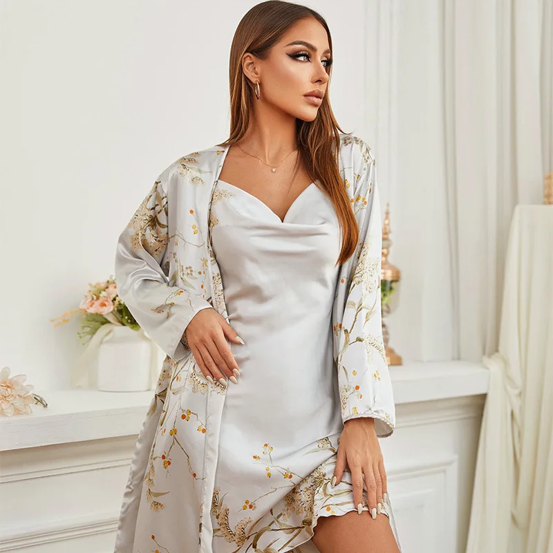Print Twinset Robe Suit Womens Satin Chemise Nightgown Kimono Bathrobe Gown Set Summer Sexy Loungewear V-Neck Sleepwear