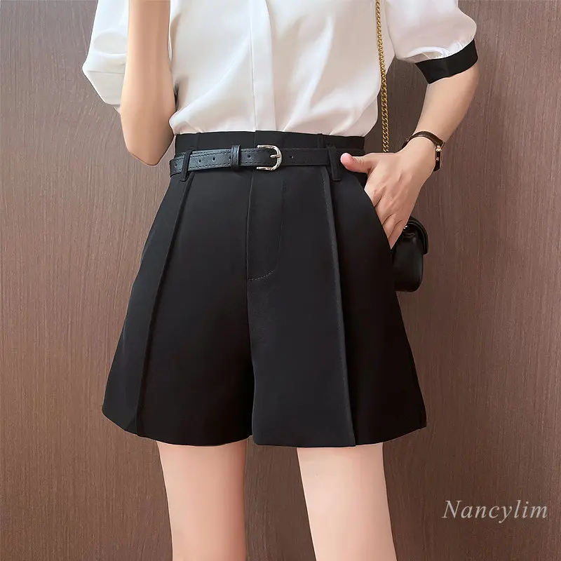 Gray Suit Shorts Women's Summer New Korean Style Belt High Waist Slimming Commuting A- Line Wide Leg Shorts Lady